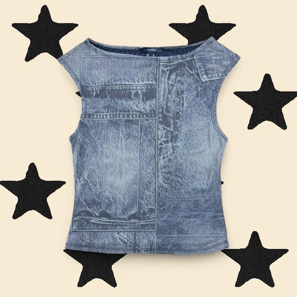 ★ Forever 21, Diesel Inspired Denim Print Mesh Tank Top★